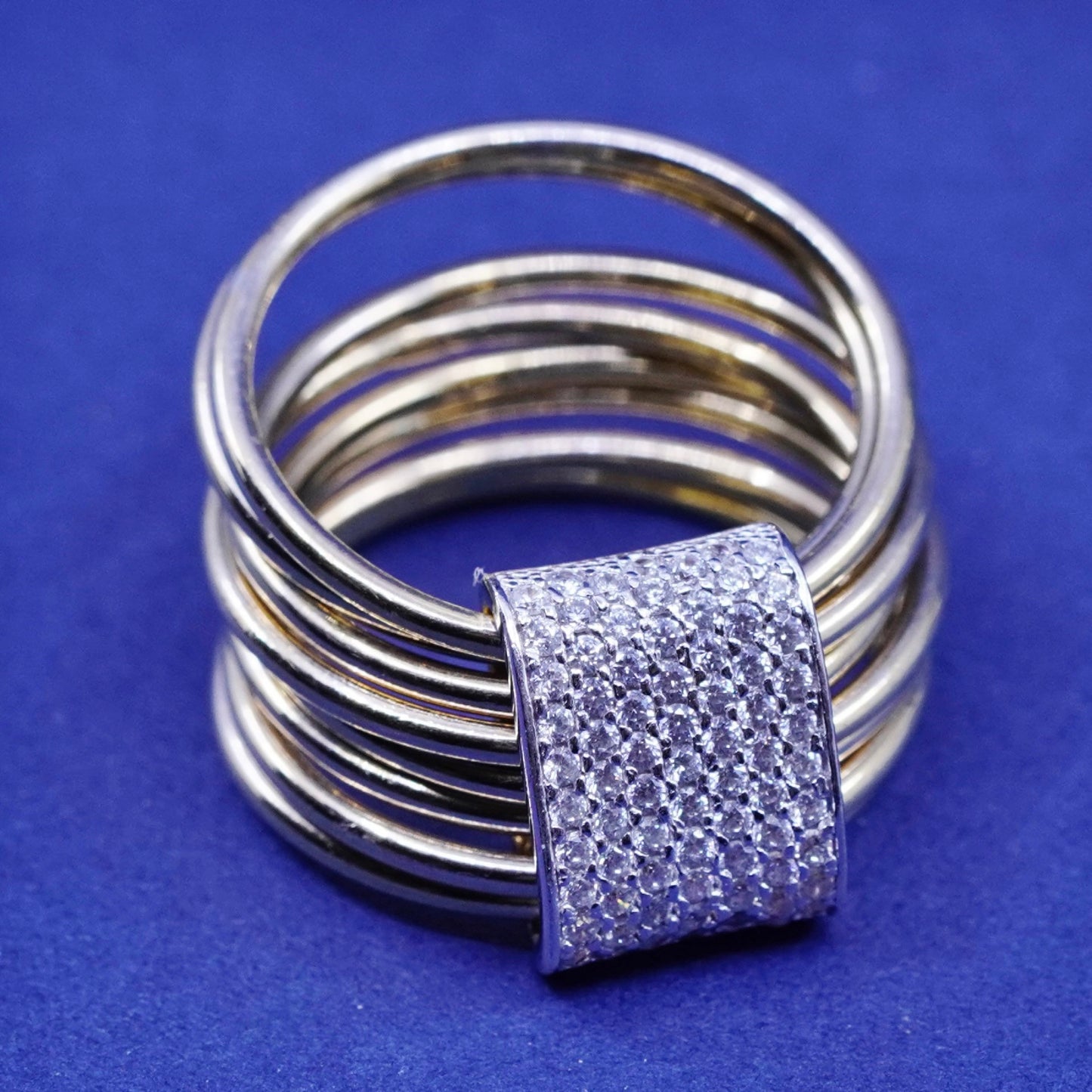 Size 6.5, Italy vermeil gold gilled sterling silver ring cluster Cz, multi band