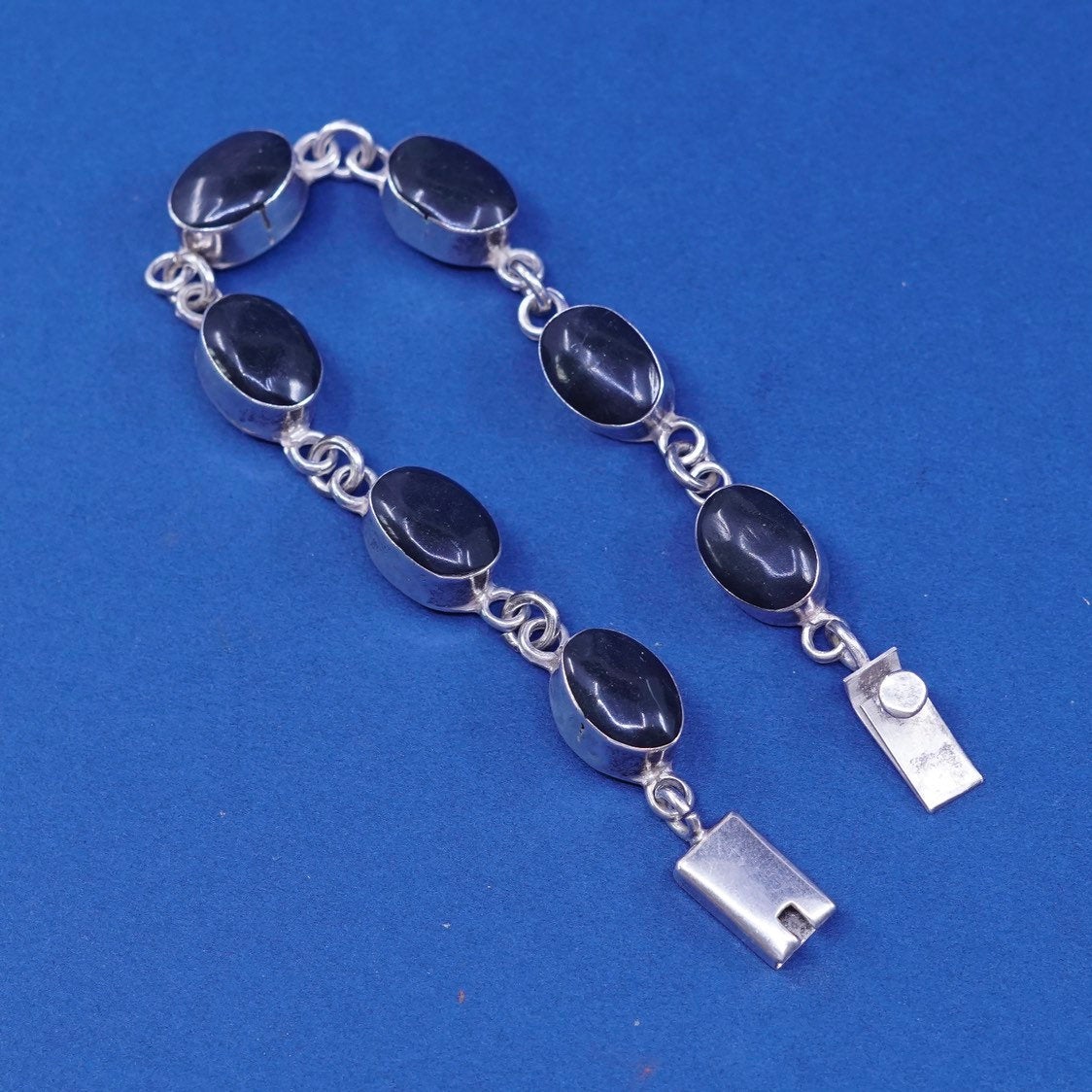 7", vtg Sterling silver handmade tennis bracelet, mexico 925 w/ obsidian