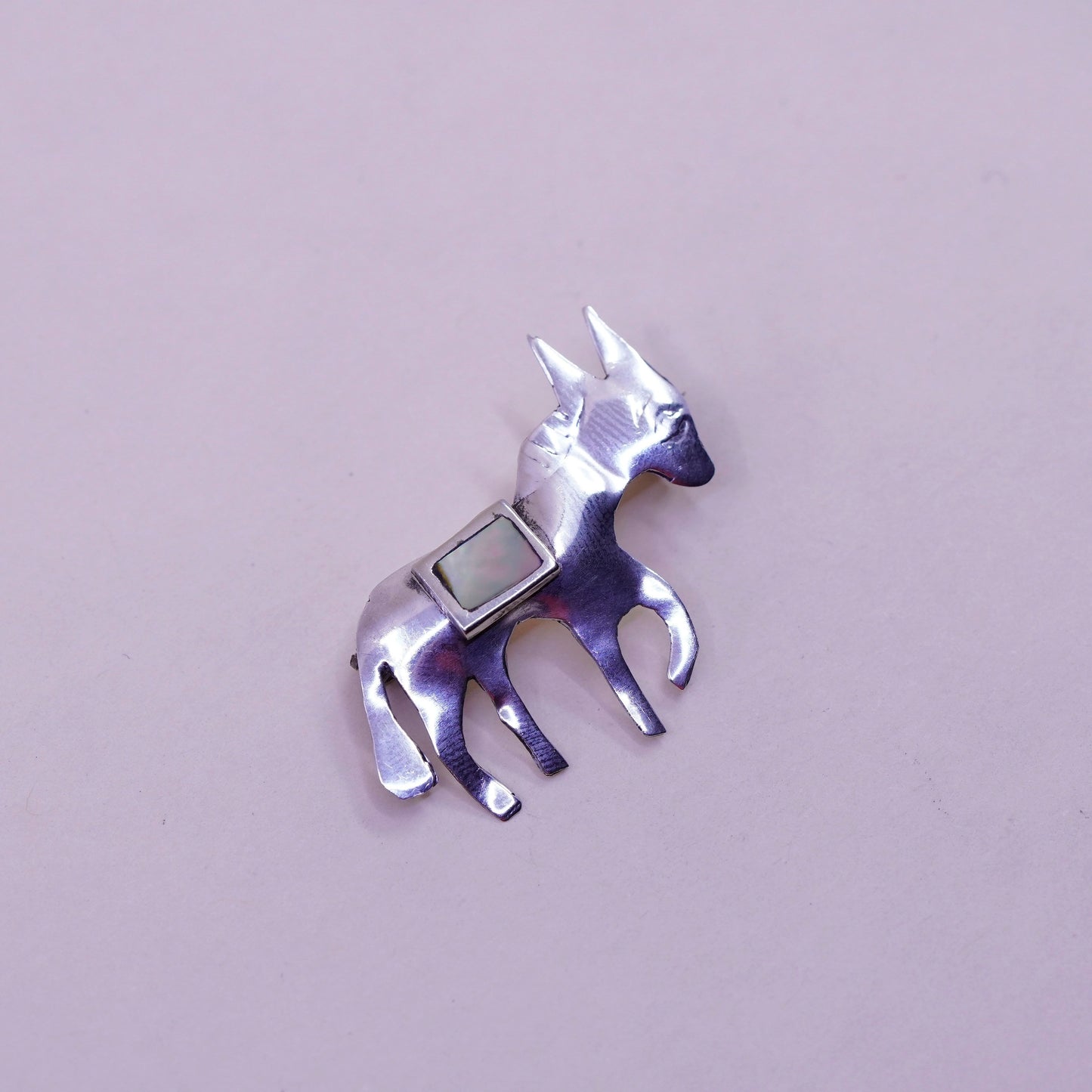 Antique Sterling silver handmade brooch, 925 donkey brooch with abalone