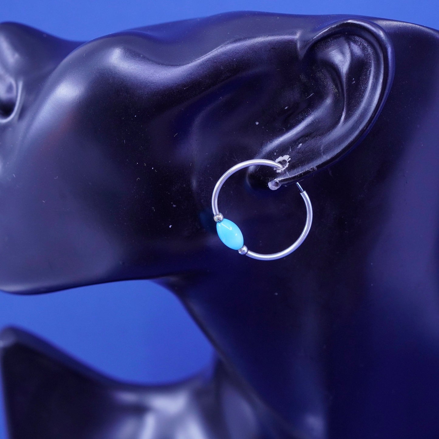 1.25”, vtg Sterling silver handmade earrings, 925 hoops huggie blue cats eye