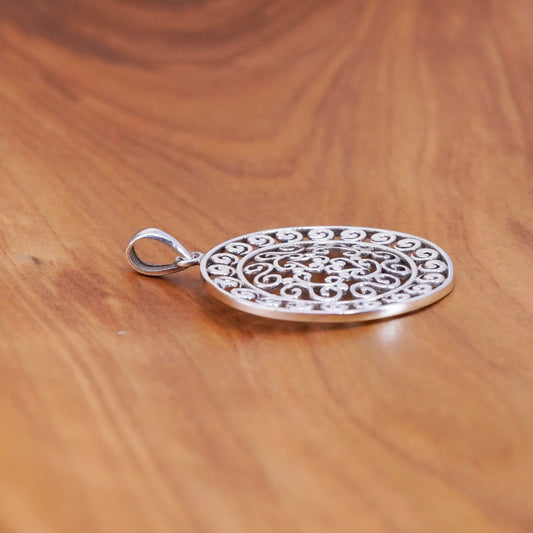 Vintage Sterling silver handmade pendant, 925 circle with Bali filigree details