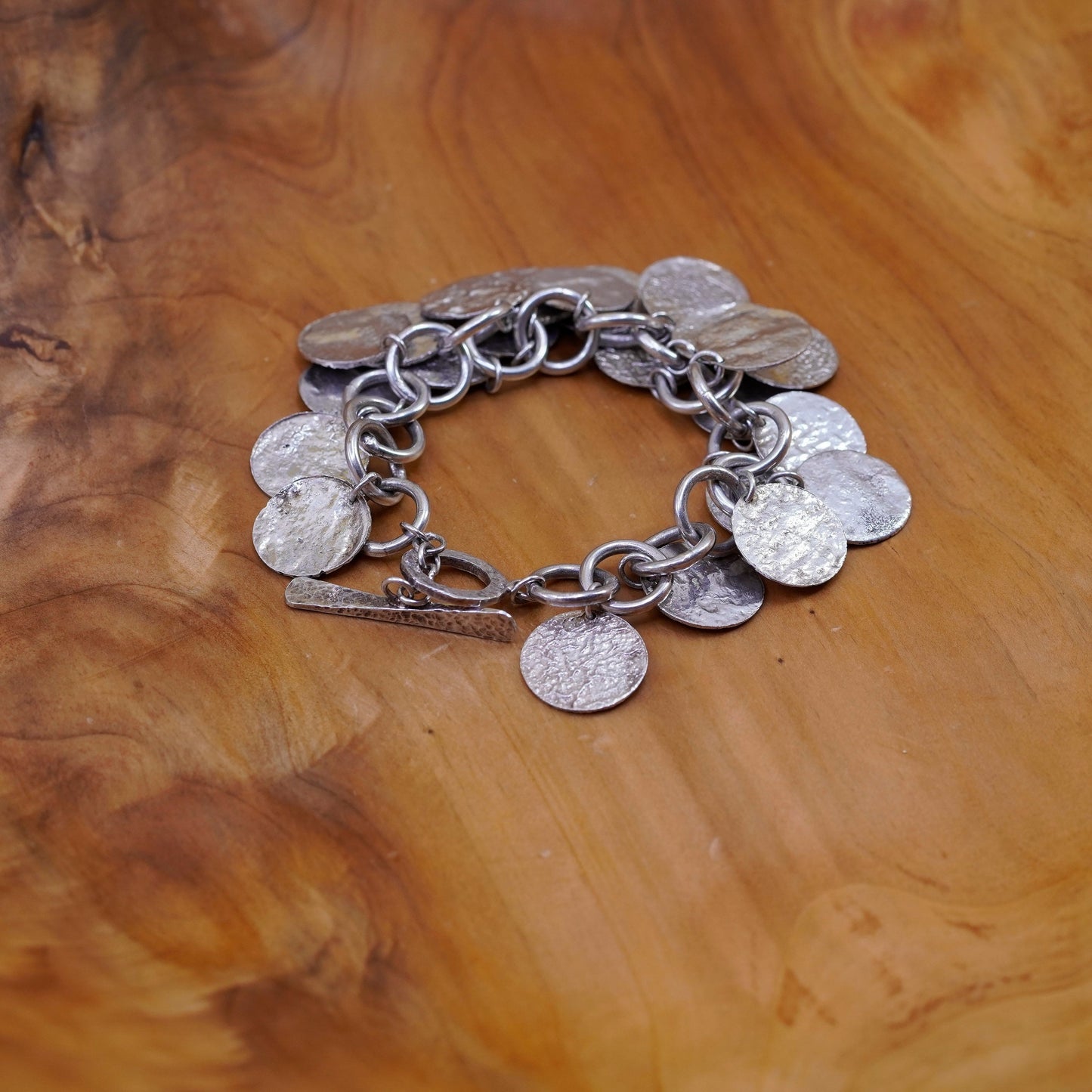 7.5”, Sterling silver bracelet, 925 bold circle chain hammered disc charms