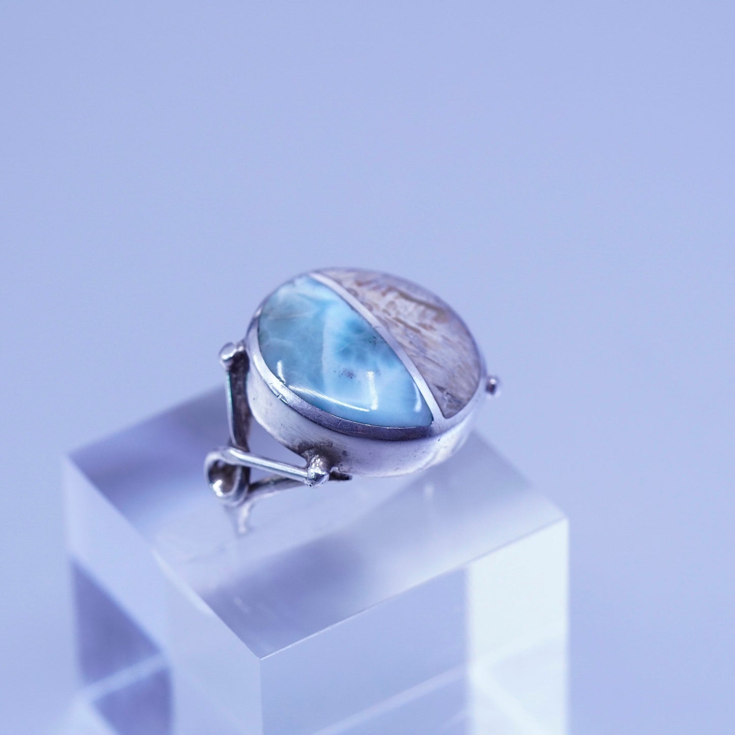 Size 6.5, vintage Sterling 925 silver handmade ring with Larimar and agate