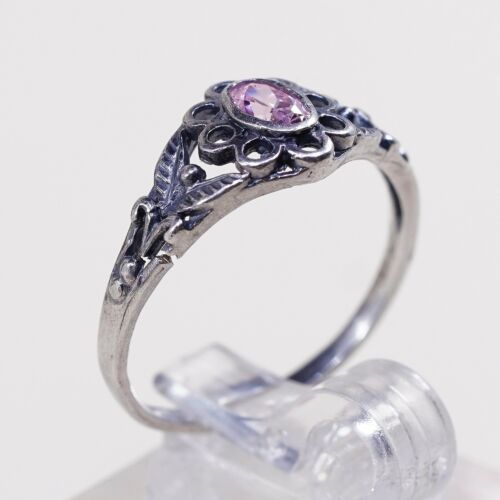 Sz 7.25, Vtg Sterling Silver Ring, 925 Silver Engagement Ring W/ pink Crystal