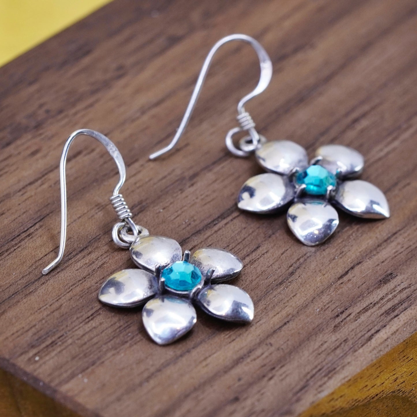 Vintage Sterling silver handmade earrings, 925 plumeria flower blue crystal
