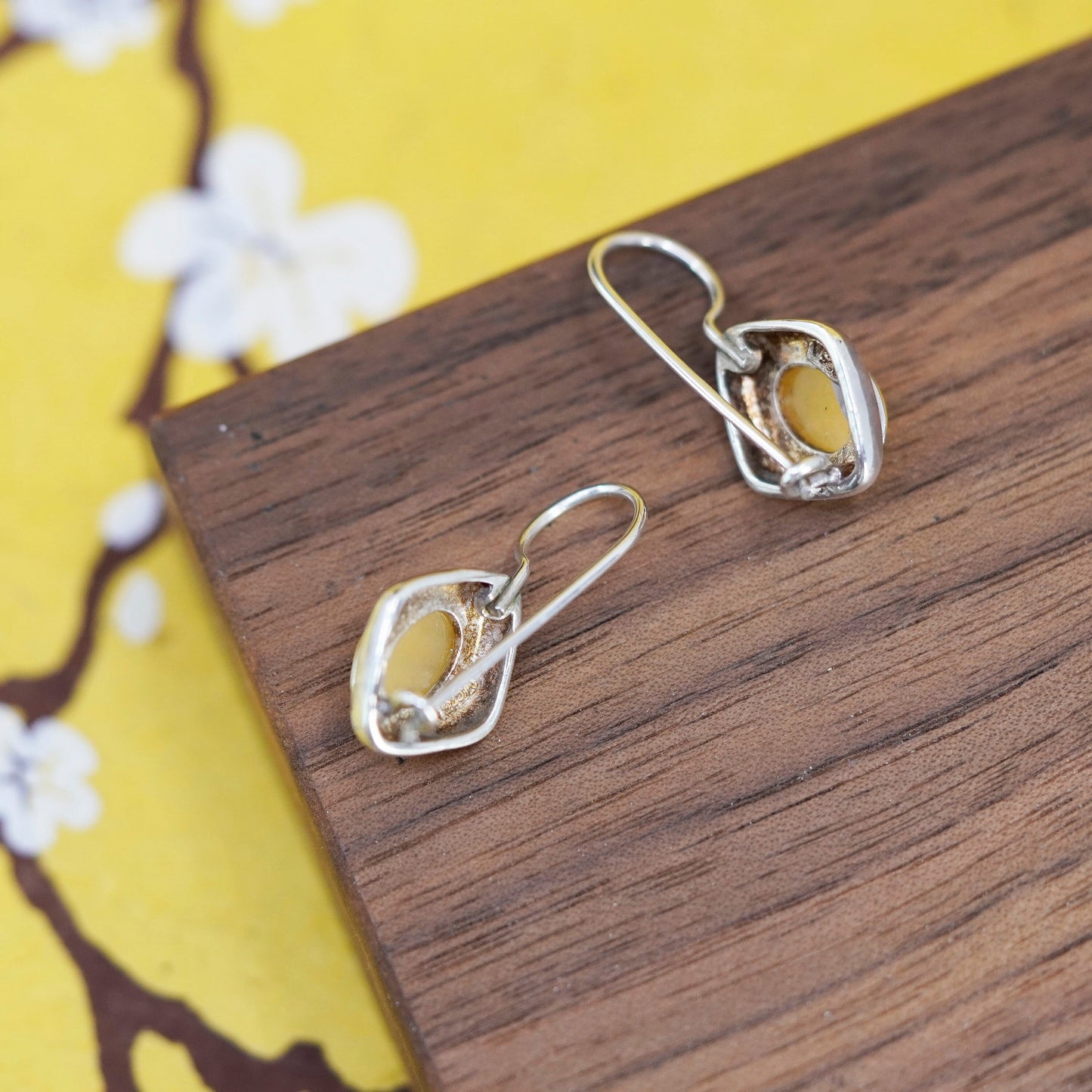 Vintage sterling 925 silver handmade earrings with oval citrine