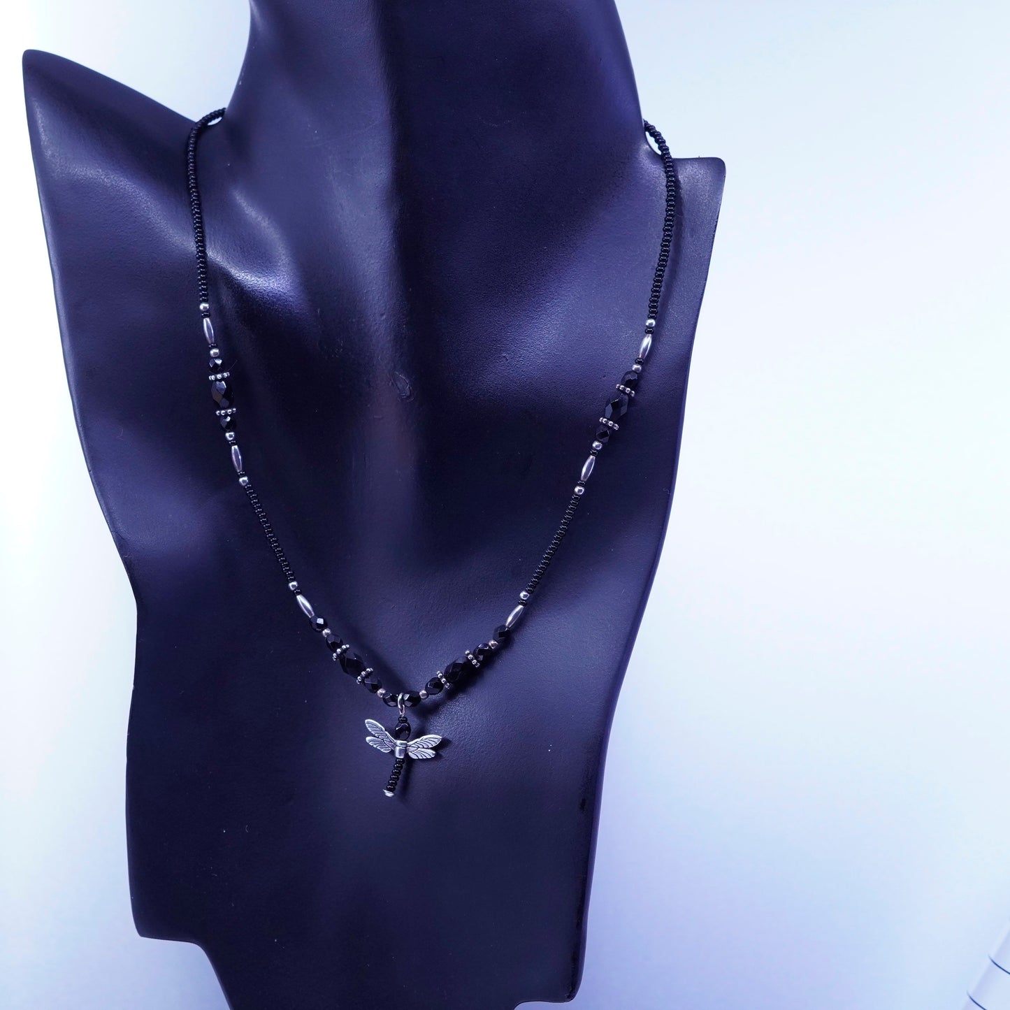 18”, vintage obsidian beads necklace with Sterling 925 silver dragonfly pendant
