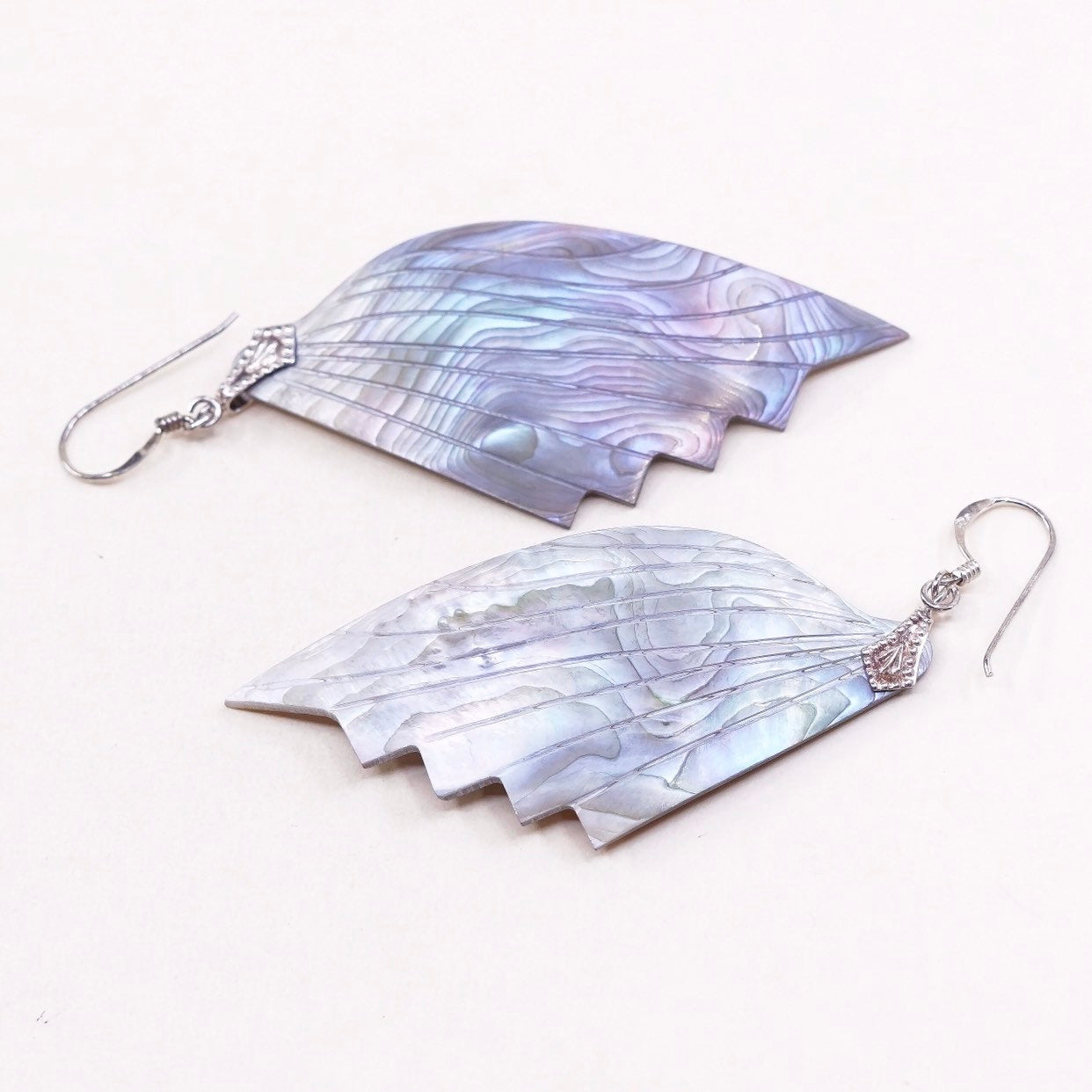 sterling silver handmade earrings, 925 hooks w/ wing shaped abalone
