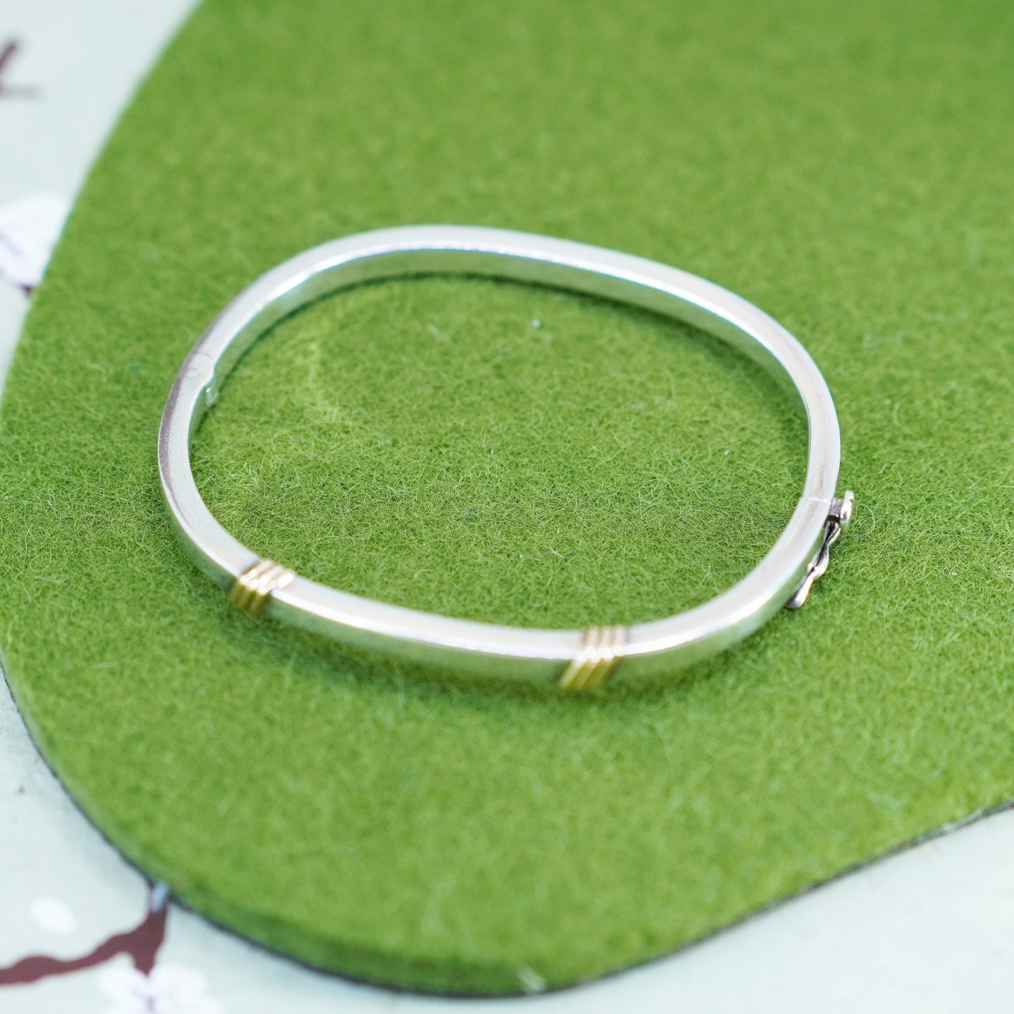 6.5”, Bayanihan deco 925 Sterling silver hinged bangle bracelet 18K gold accent