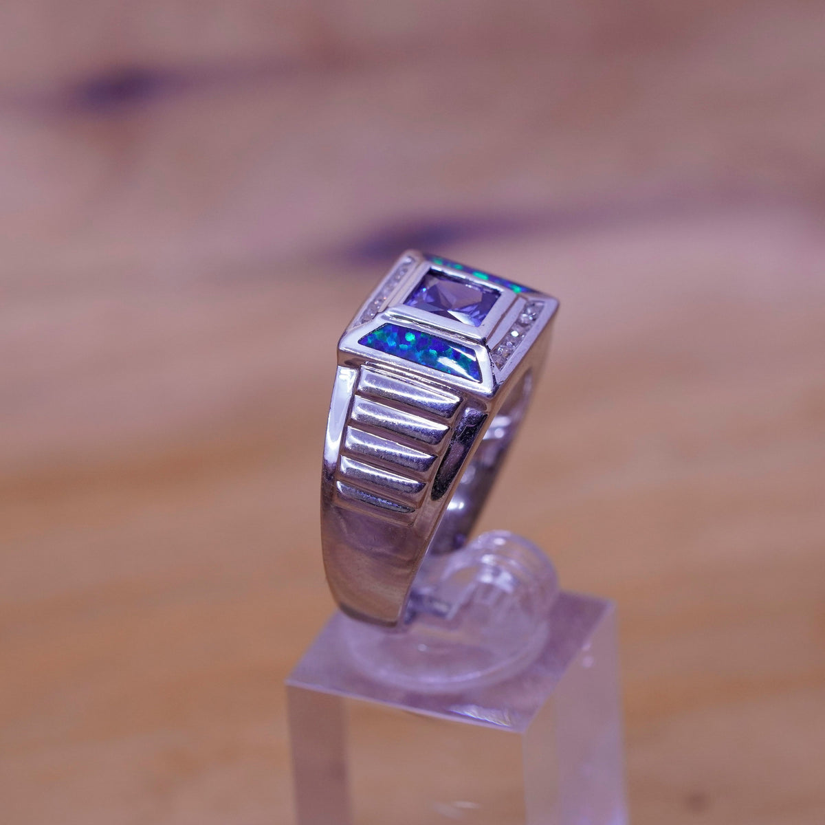 Size 12.25, Sterling silver handmade ring, 925 band with fire opal clear Cz