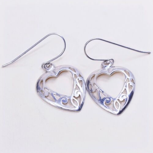 Vintage sterling silver handmade earrings 925 filigree heart, Stamped Sterling