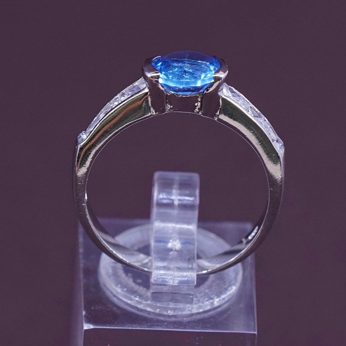 Size 9.5, vtg Sterling silver engagement ring, solid 925 w/ blue topaz and cz