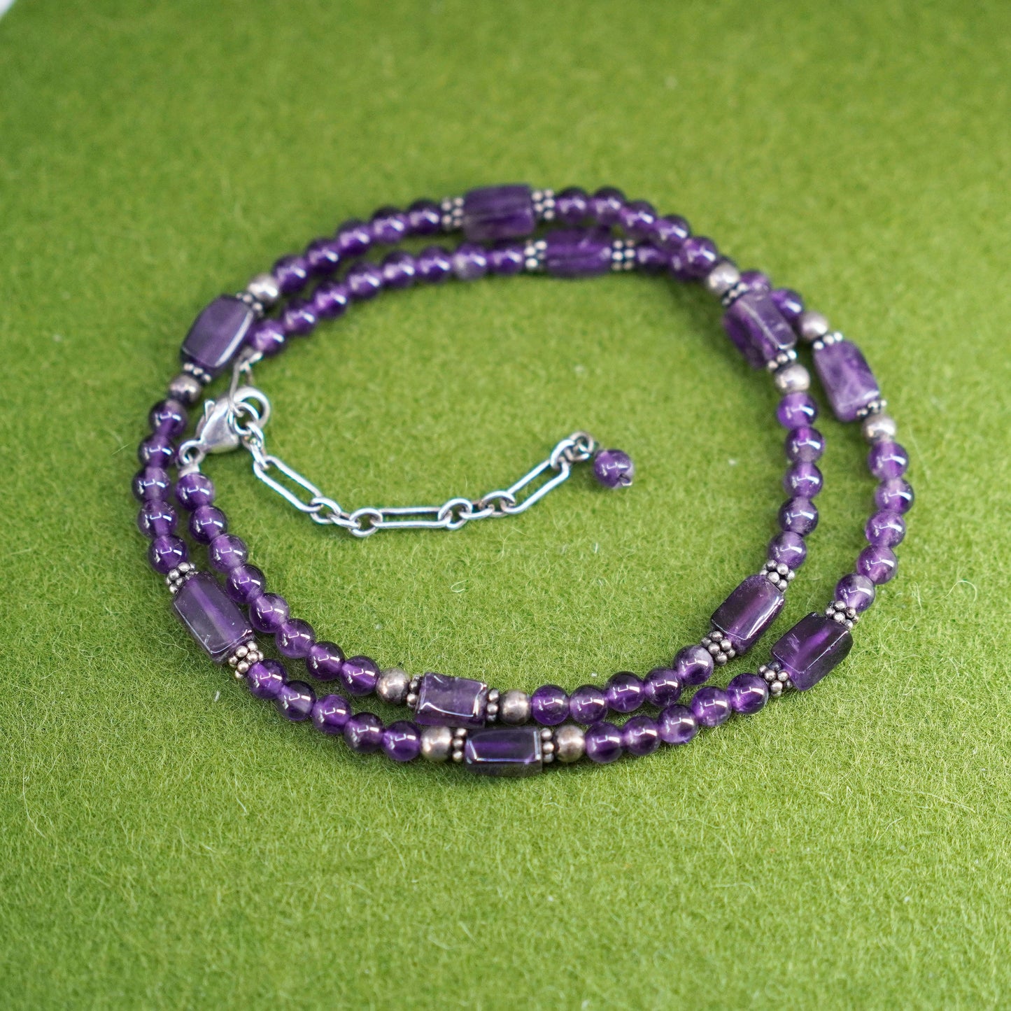 16”+2”, Vintage sterling silver handmade necklace, amethyst beads