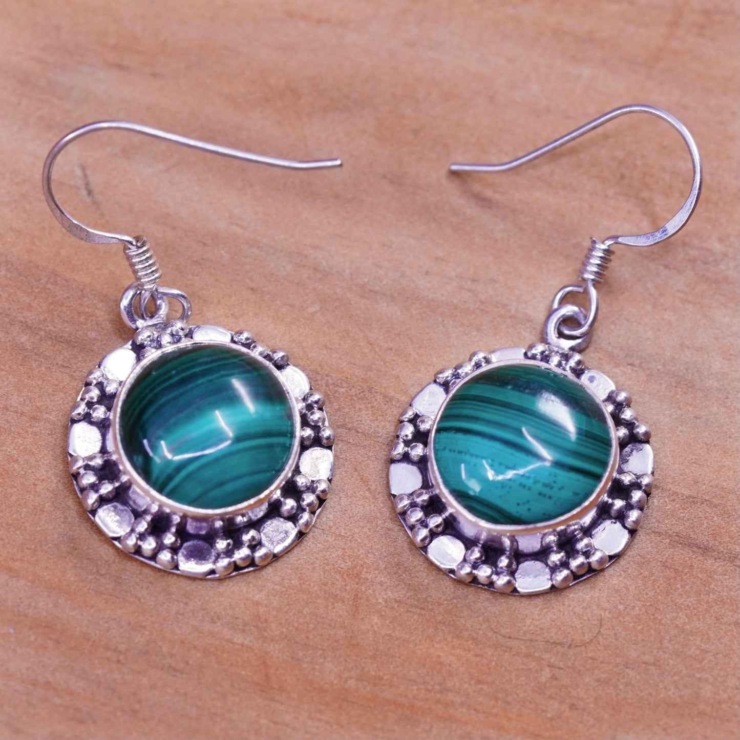 Vintage Sterling 925 silver handmade earrings with round malachite and beads