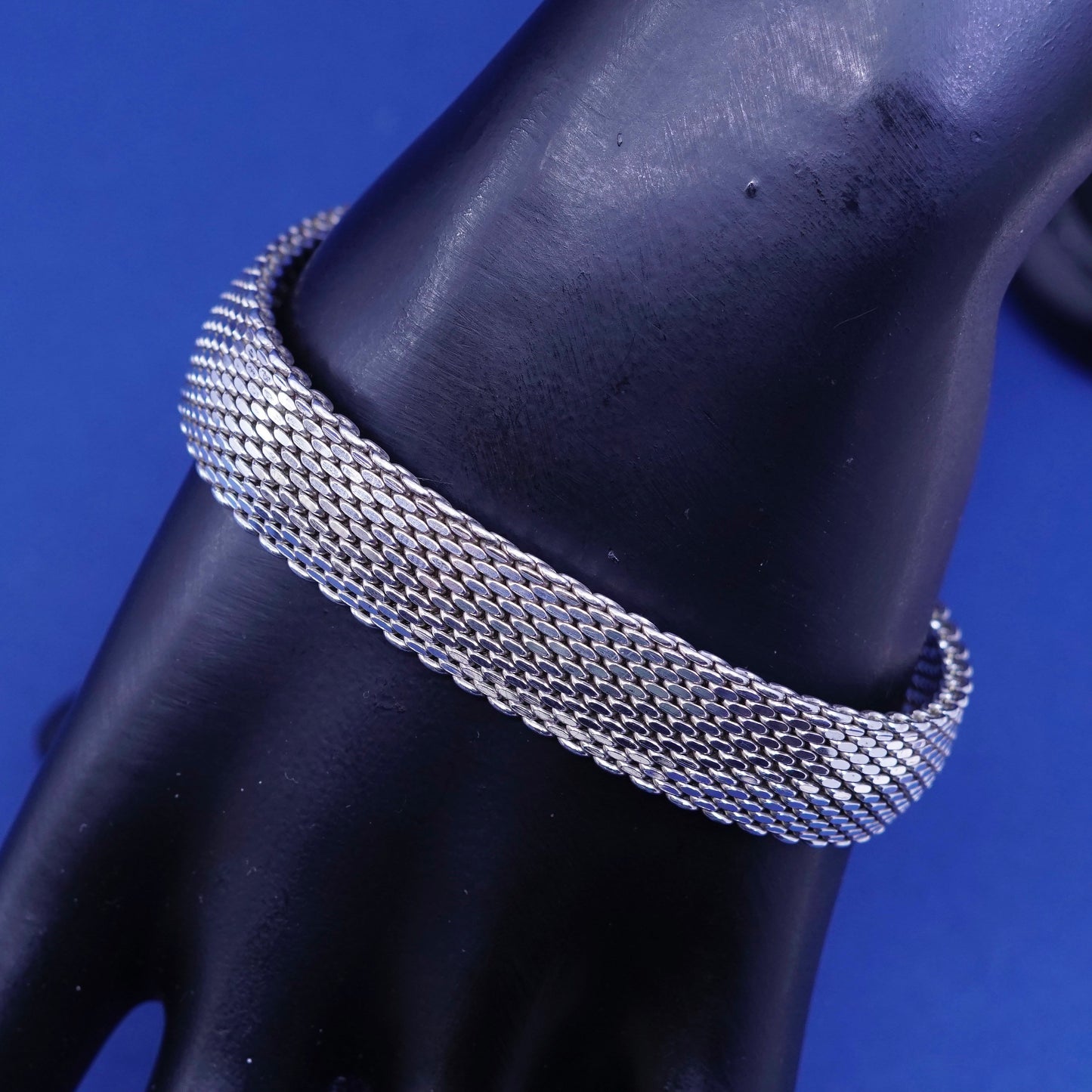 7.5”, vintage GC Sterling silver handmade wide bracelet, 925 unique mesh chain