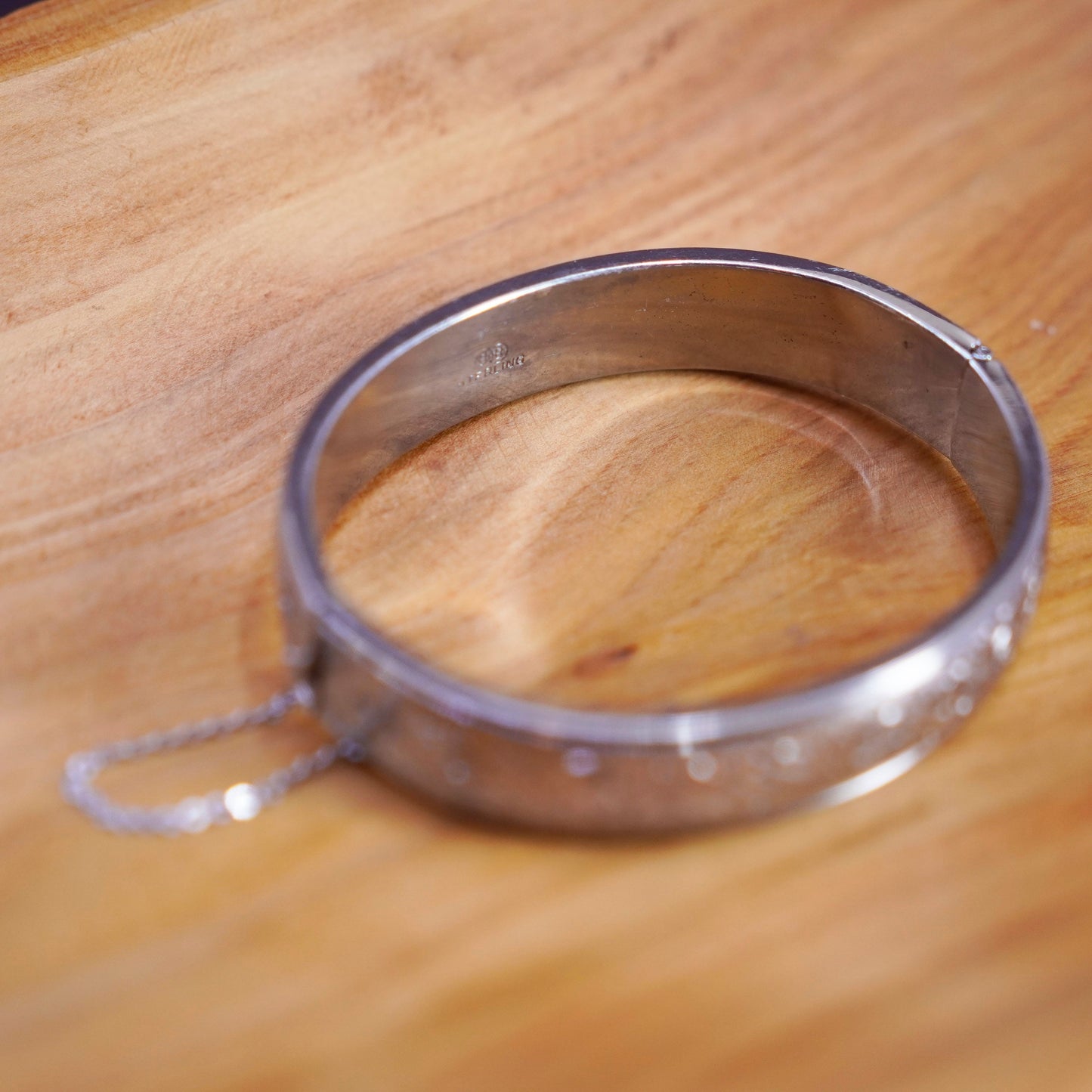 7”, vintage Sterling 925 silver handmade bracelet, textured hinged bangle