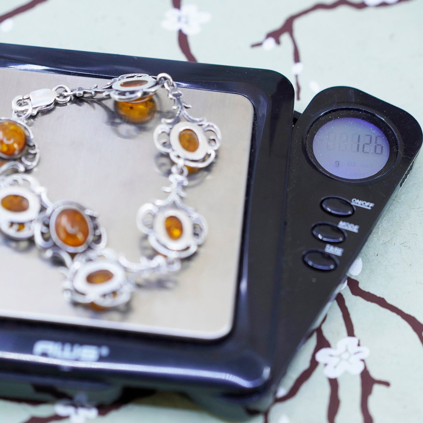 7.5”, Vintage sterling 925 silver handmade tennis bracelet with amber