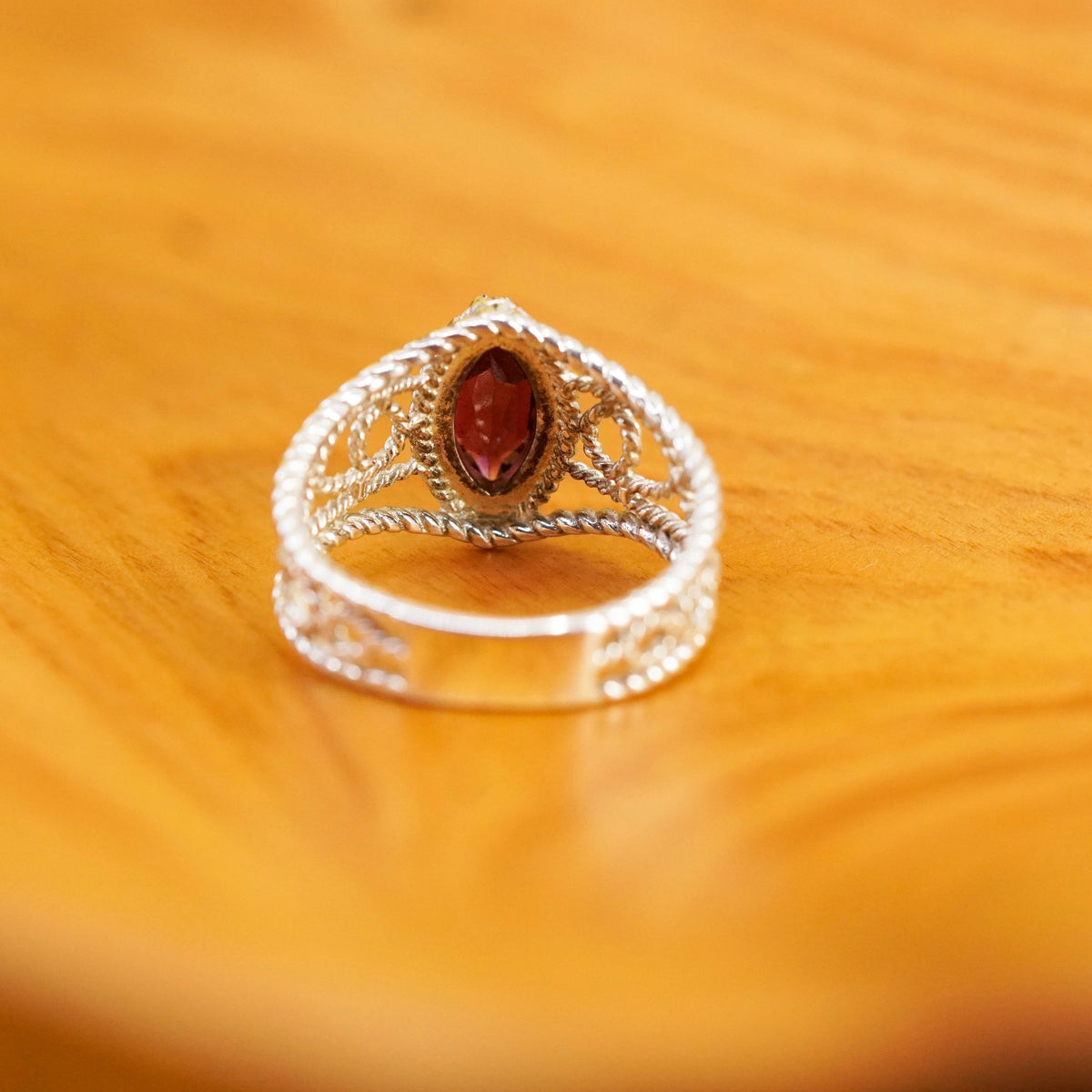 Size 8.25, vintage Sterling 925 silver handmade filigree ring with ruby