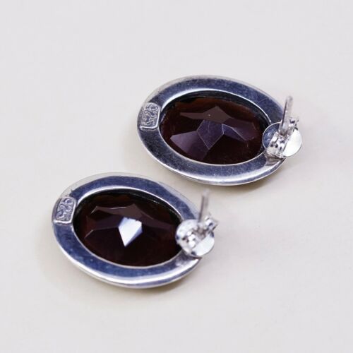 Vintage Modern Sterling Silver Handmade Earrings, 925 Silver Oval Studs W/ Ruby