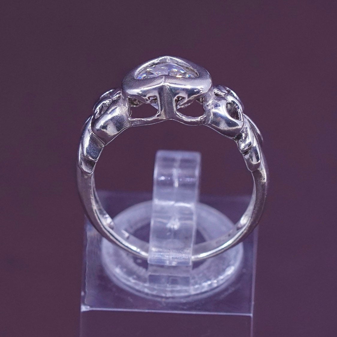 sz 7.25, vtg sterling silver engagement ring, clear crystal heart 925