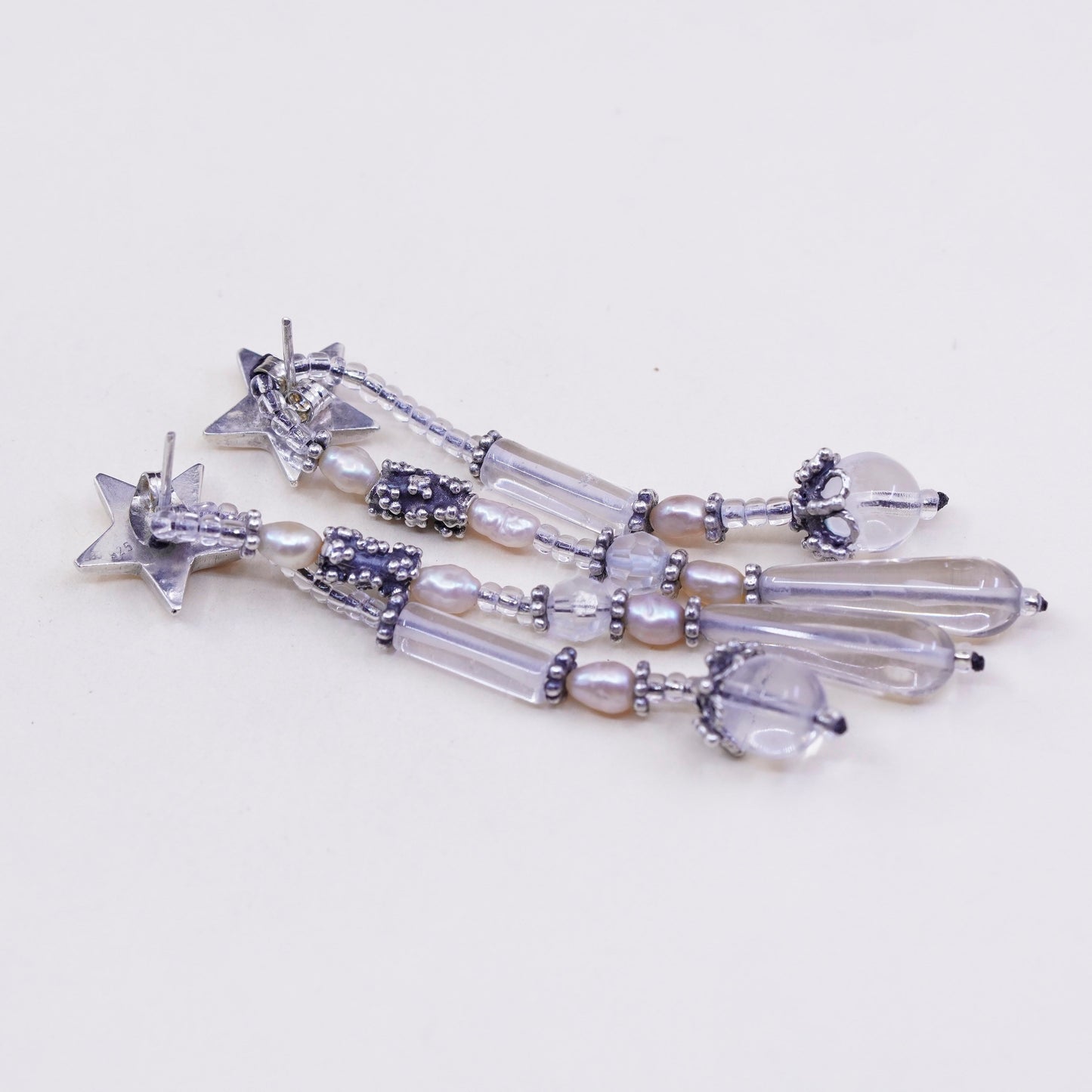 Sterling silver earrings, 925 star studs w/ cluster beads N pearl teardrop