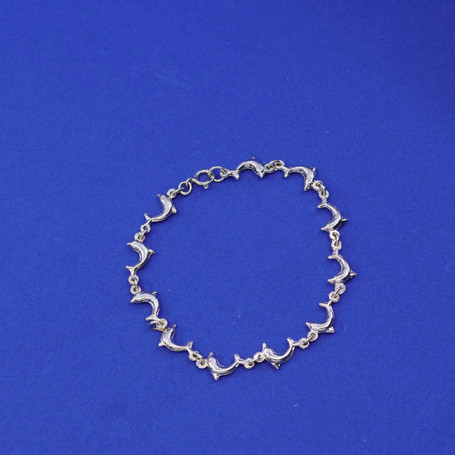 7”, vintage vermeil, gold over sterling silver tennis bracelet, 925 dolphin chain