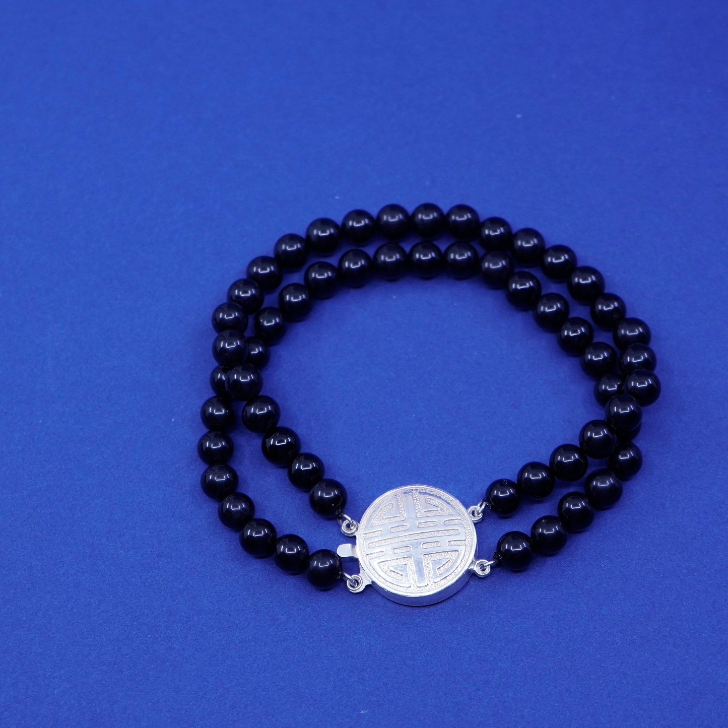 6.5”, Sterling silver handmade bracelet, multi strands obsidian beads