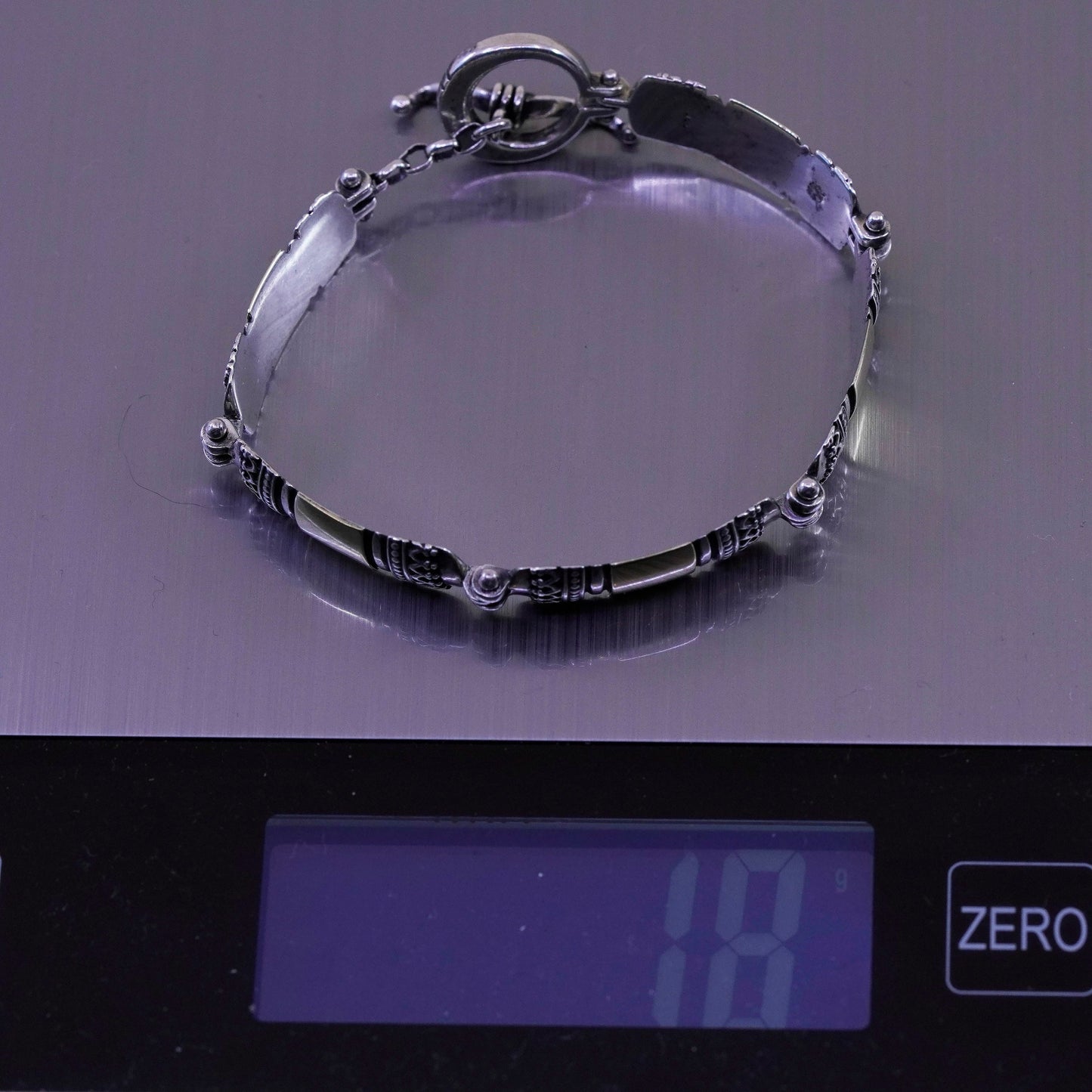 6.75”, 14K gold accent w/ sterling silver handmade bracelet, 925 bar chain bail