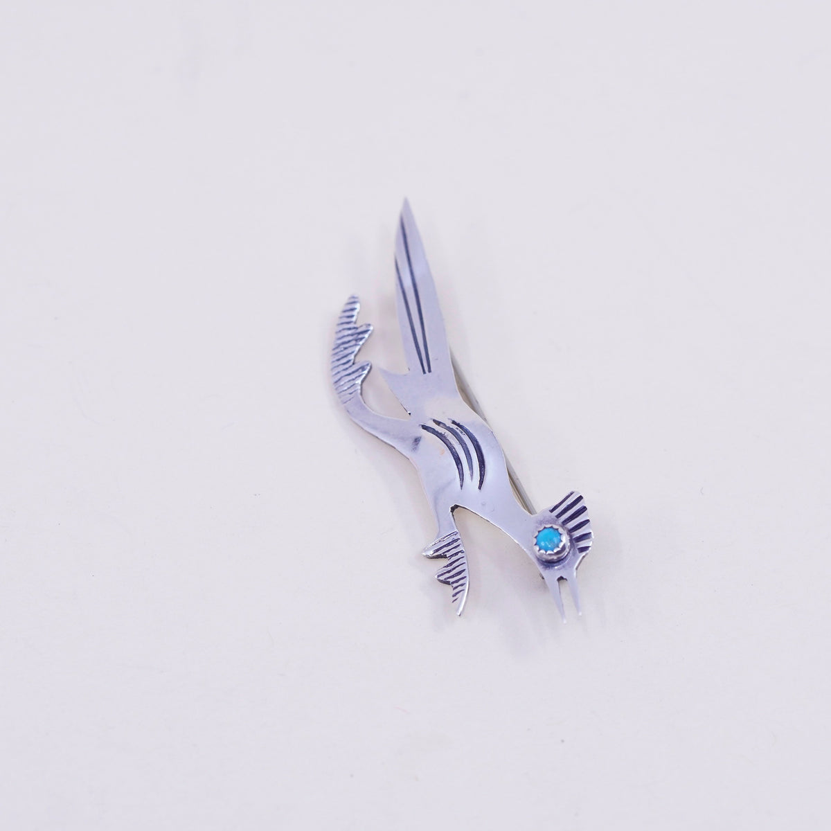 Navajo sterling silver handmade brooch, 925 roadrunner bird pin turquoise