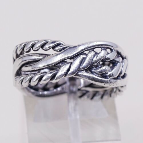 Size 8, Vtg Sterling Silver Handmade Ring 925 Band w Braided Cable, Stamped 925