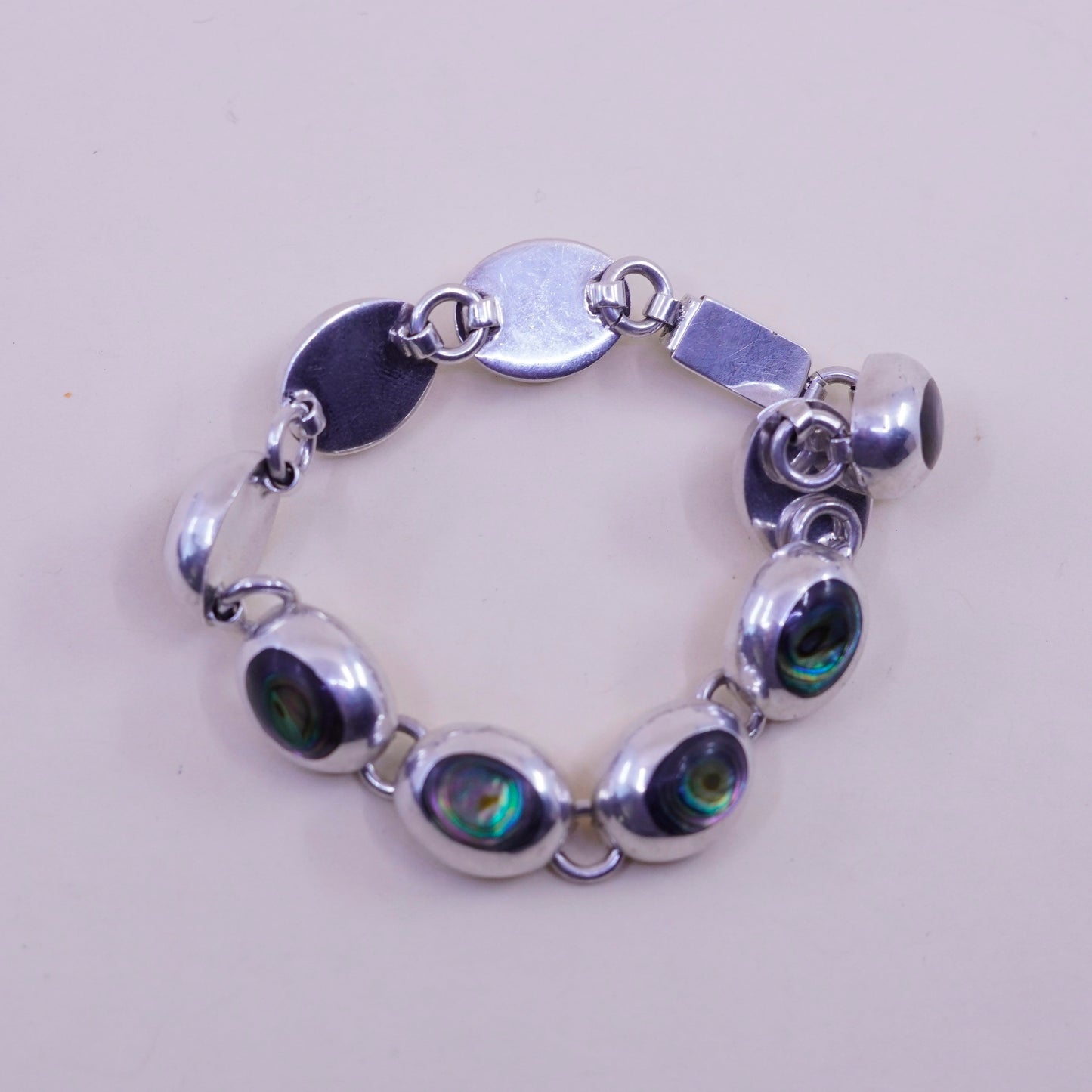 6.25”, vintage sterling 925 silver handmade bracelet with abalone