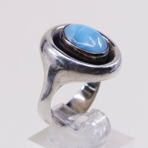 Sz 9.25, Vtg Sterling Silver Handmade Ring, 925 Silver Ring W/ Larimar, Signed