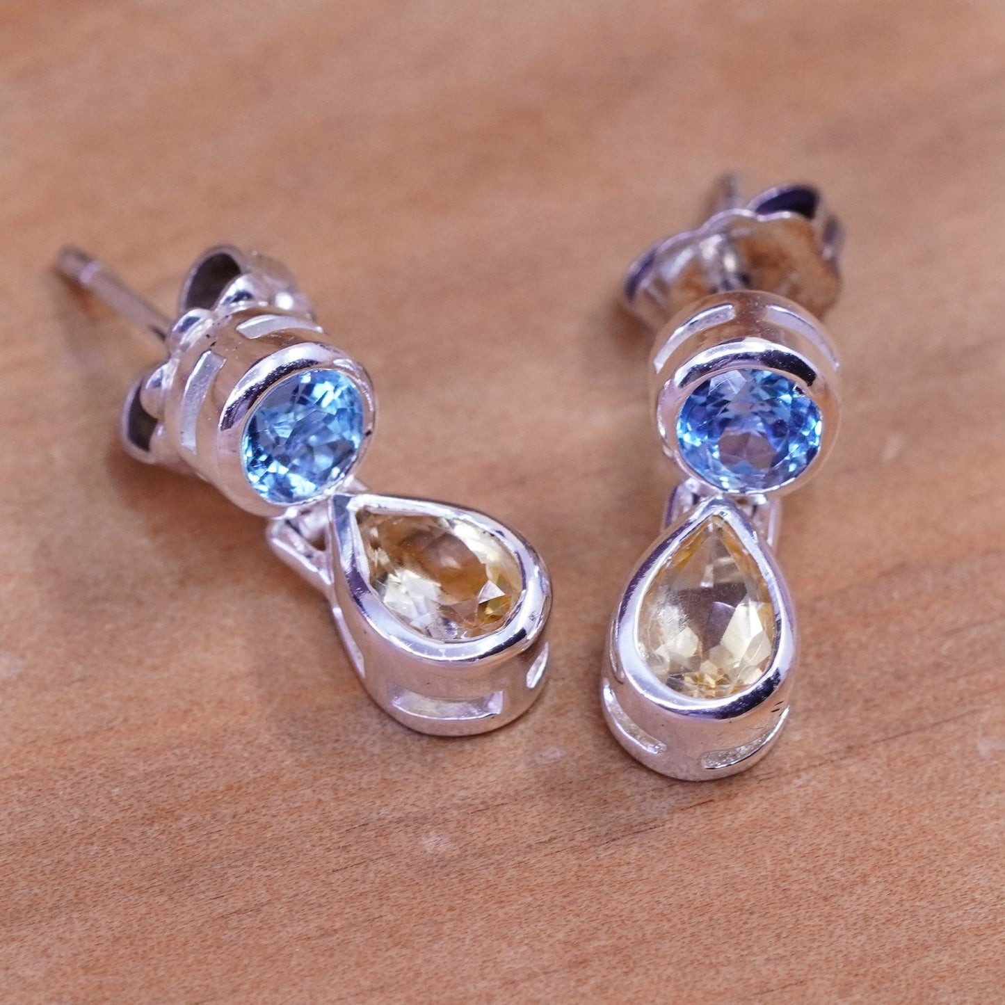 Vintage sterling silver handmade earrings, 925 circle citrine topaz drops