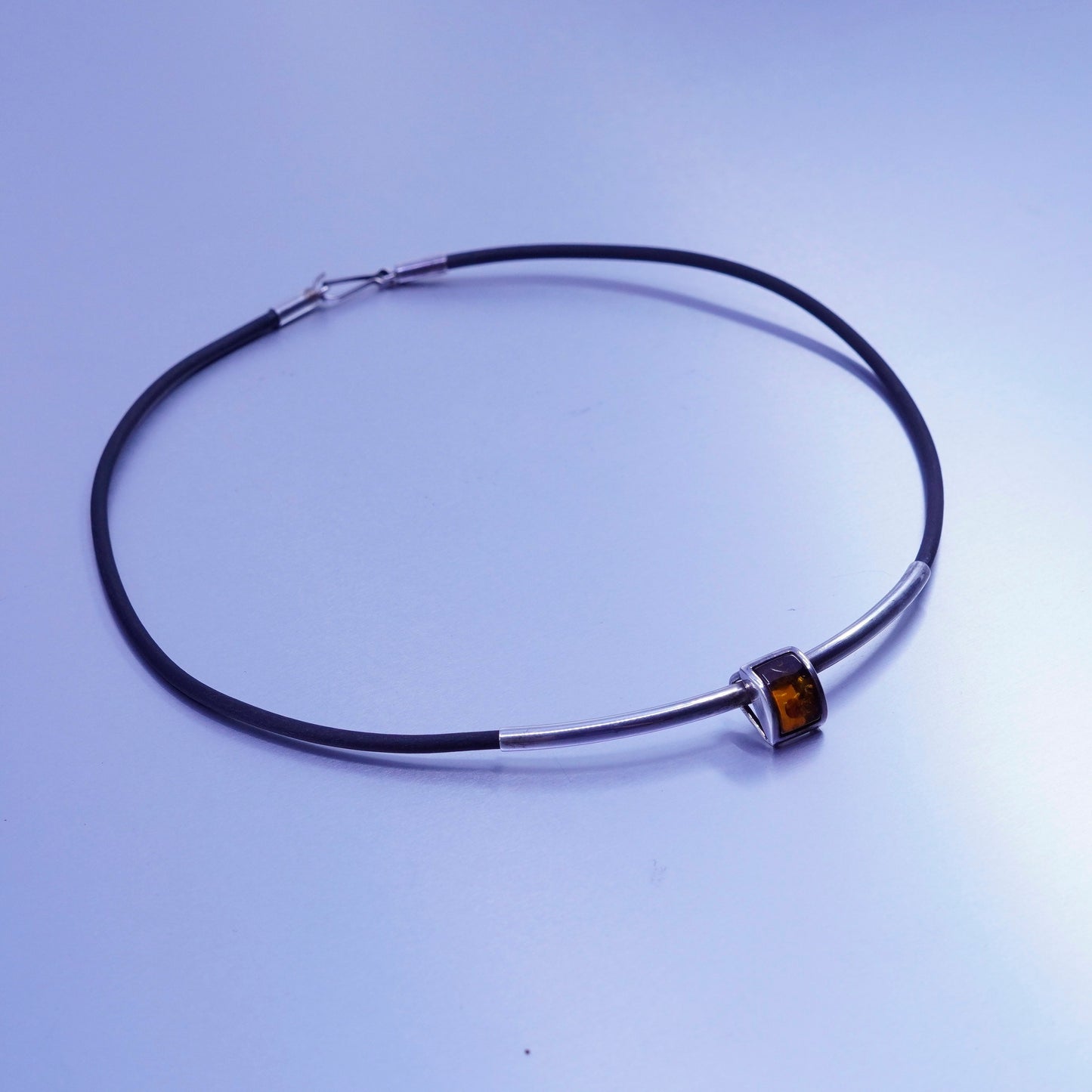 18”, vintage 925 Sterling Silver Handmade black Leather Necklace square Amber