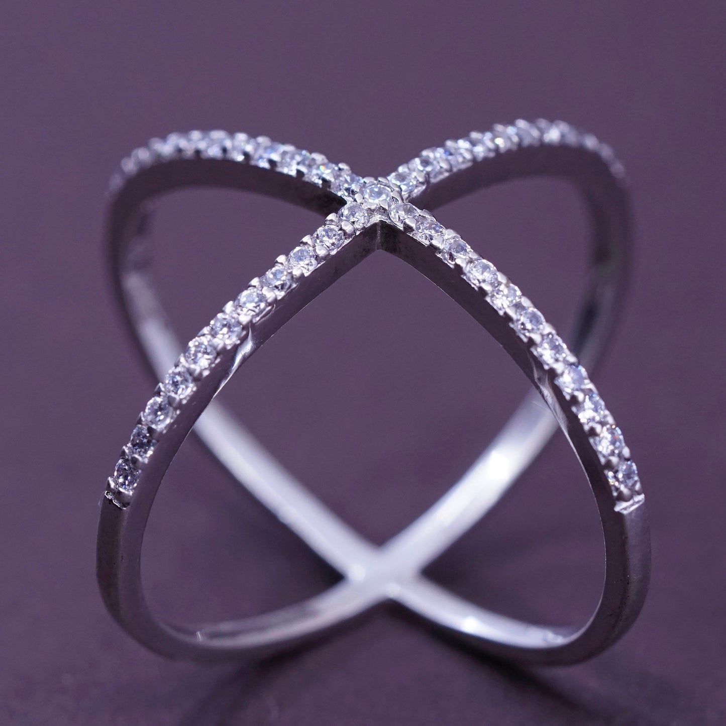 Size 7.25, vintage Sterling silver handmade ring, 925 cross band with cz