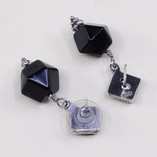 Vtg Modern Sterling Silver Handmade Earrings, 925 Silver W/ Obsidian Nugget