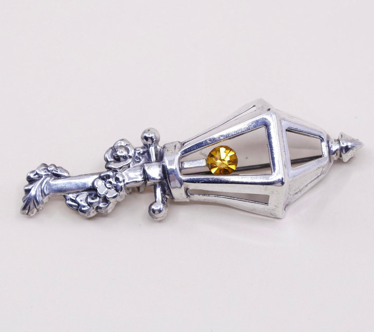 Vintage sterling silver handmade brooch, 925 road lamp light pin