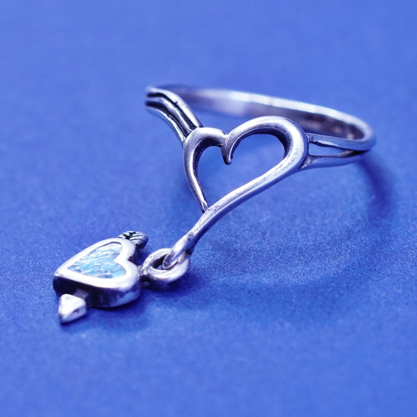 sz 4.75, Native American Sterling 925 silver ring band w/ turquoise heart charm