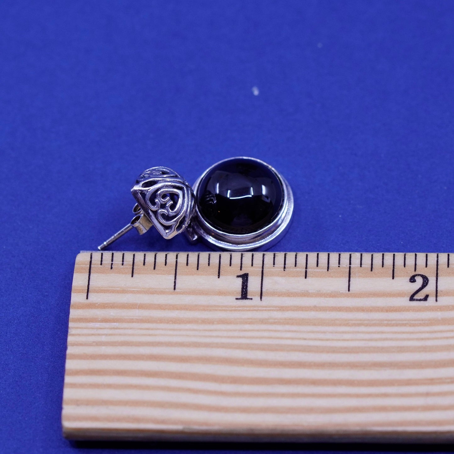 Vintage Sterling 925 Silver Handmade filigree Earrings with round onyx