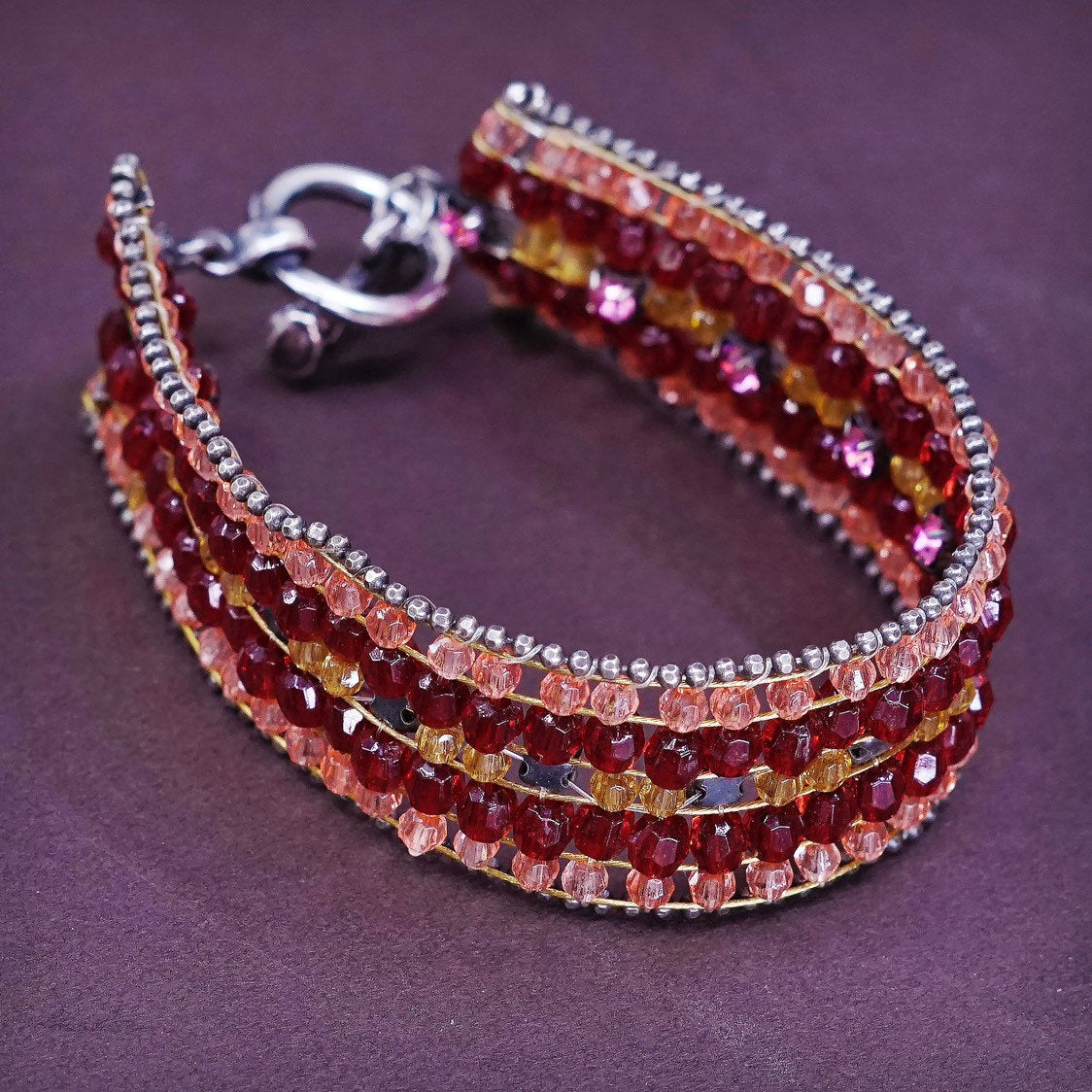 6.5", Sterling silver handmade beads bracelet, red Swarovski beads