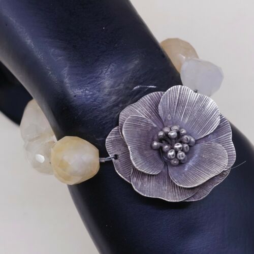 6”, Vtg Antique Sterling 925 Silver Handmade Flower W/ Citrine Nuggets Chain