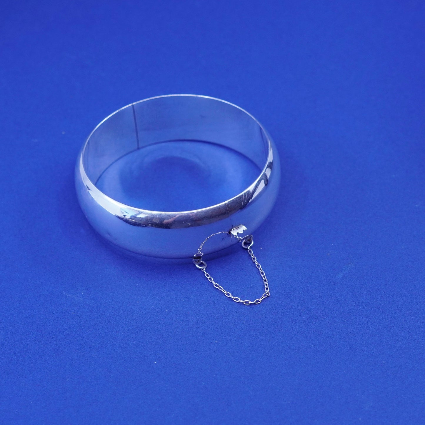 7”, vtg sterling silver handmade bracelet, wide high polish 925 hinged bangle