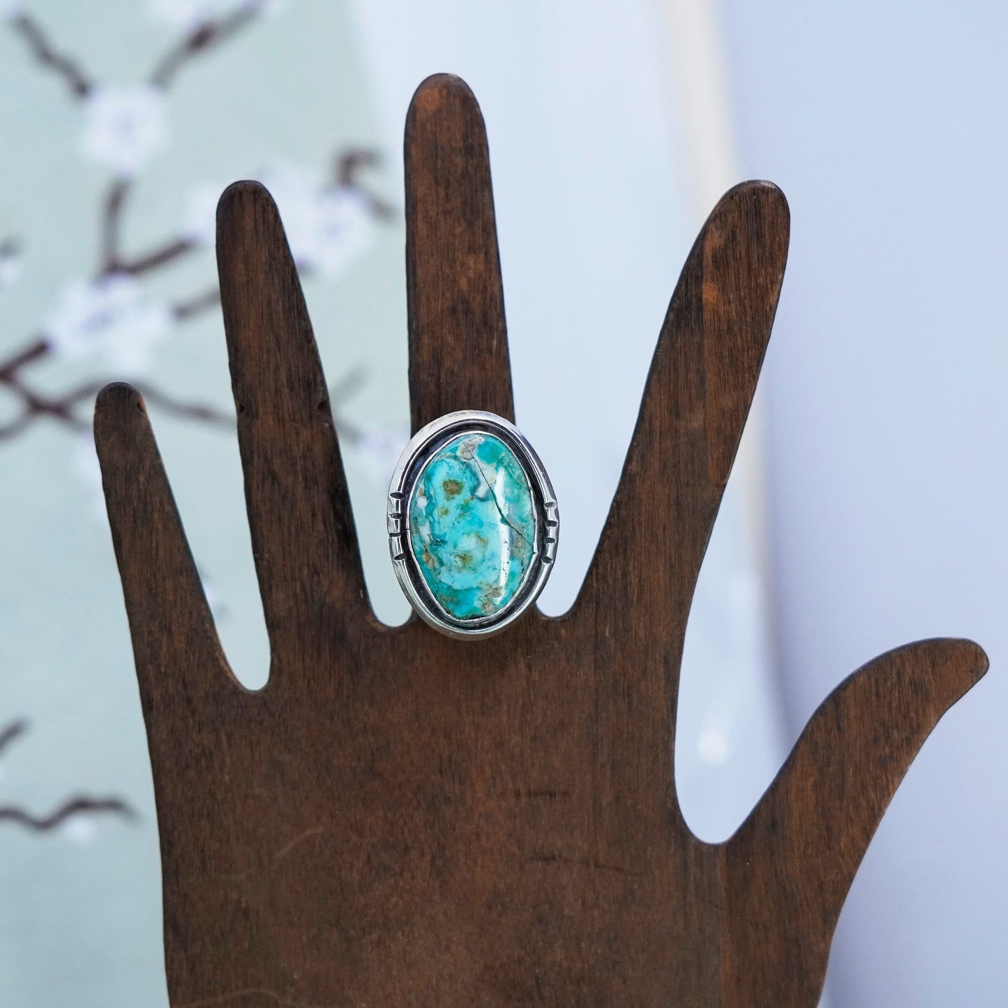 Size 5.75, Vintage sterling 925 silver handmade ring with oval shaped turquoise