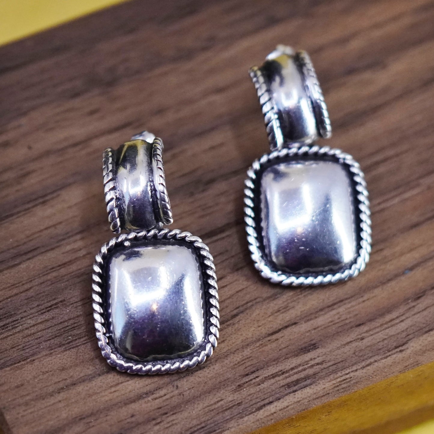 Vintage Sterling silver handmade earrings, 925 rectangular drops with cable