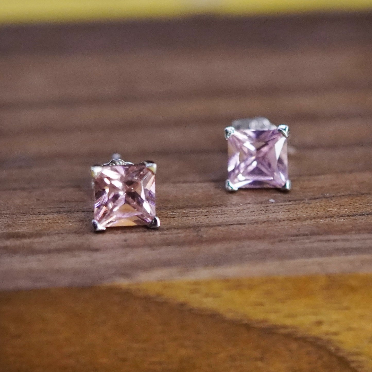 Vintage Sterling silver handmade earrings, 925 square studs with pink cz