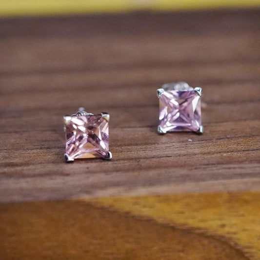 Vintage Sterling silver handmade earrings, 925 square studs with pink cz