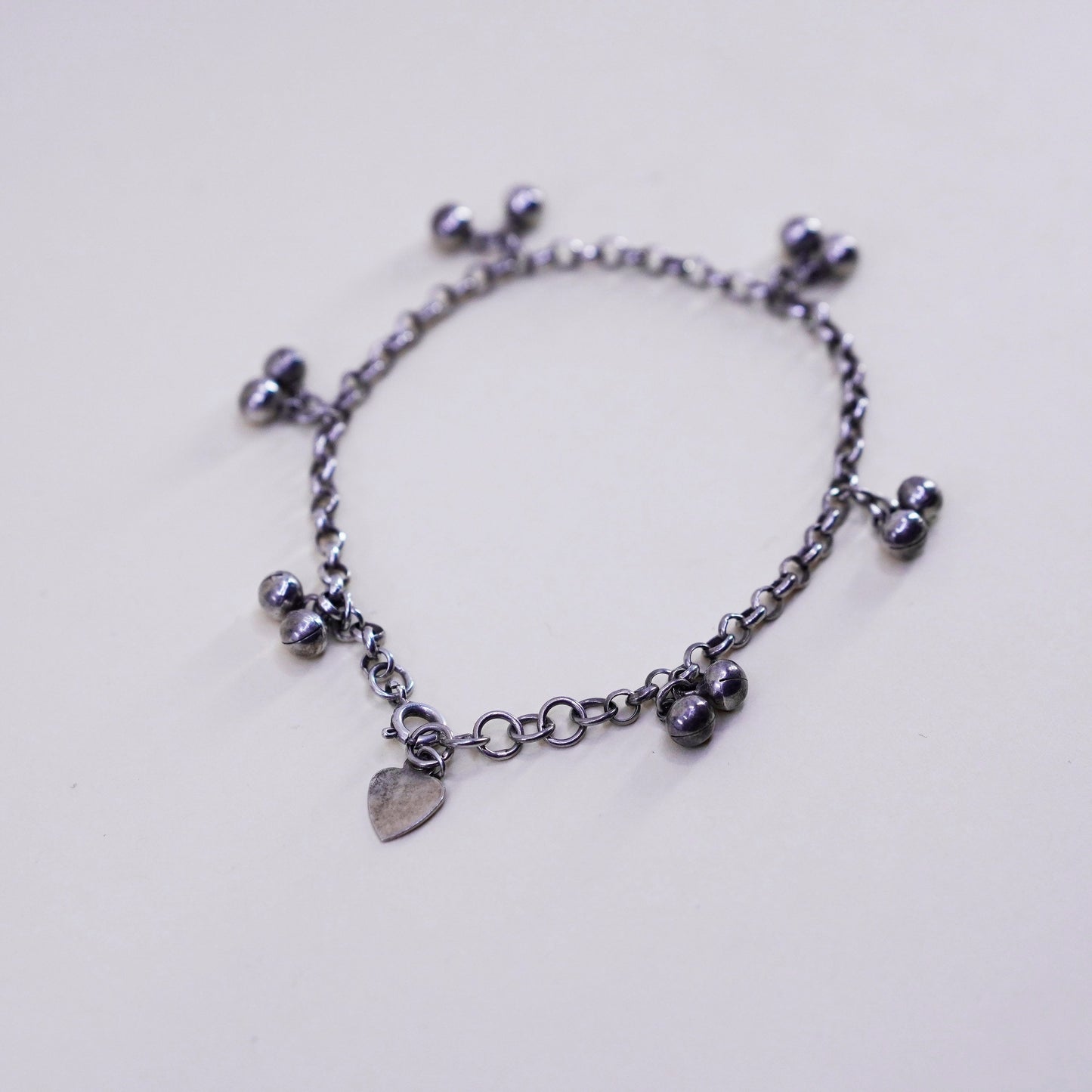 7.75”, Sterling Silver Bracelet, 925 belly dancer chain with chime bell charms