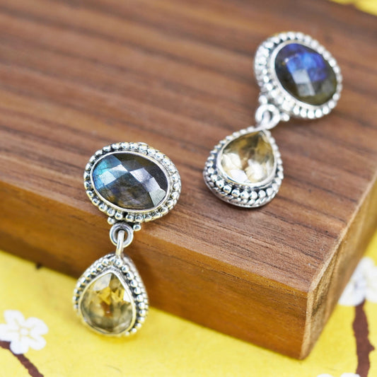 Indian Sterling 925 silver earrings oval labradorite, teardrop citrine beads