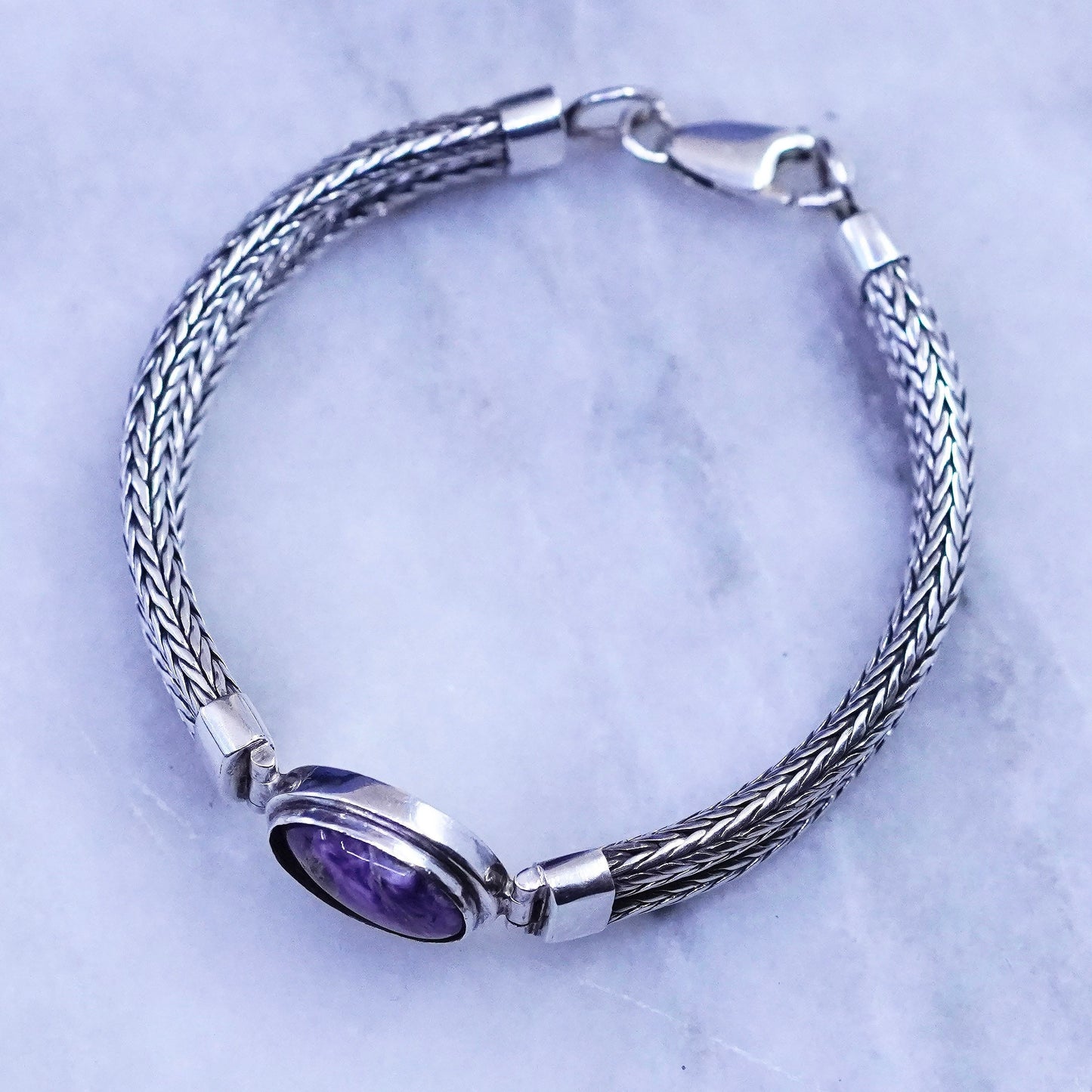 6.5”, heavy Sterling silver bracelet, multi strands 925 wheat chain purple