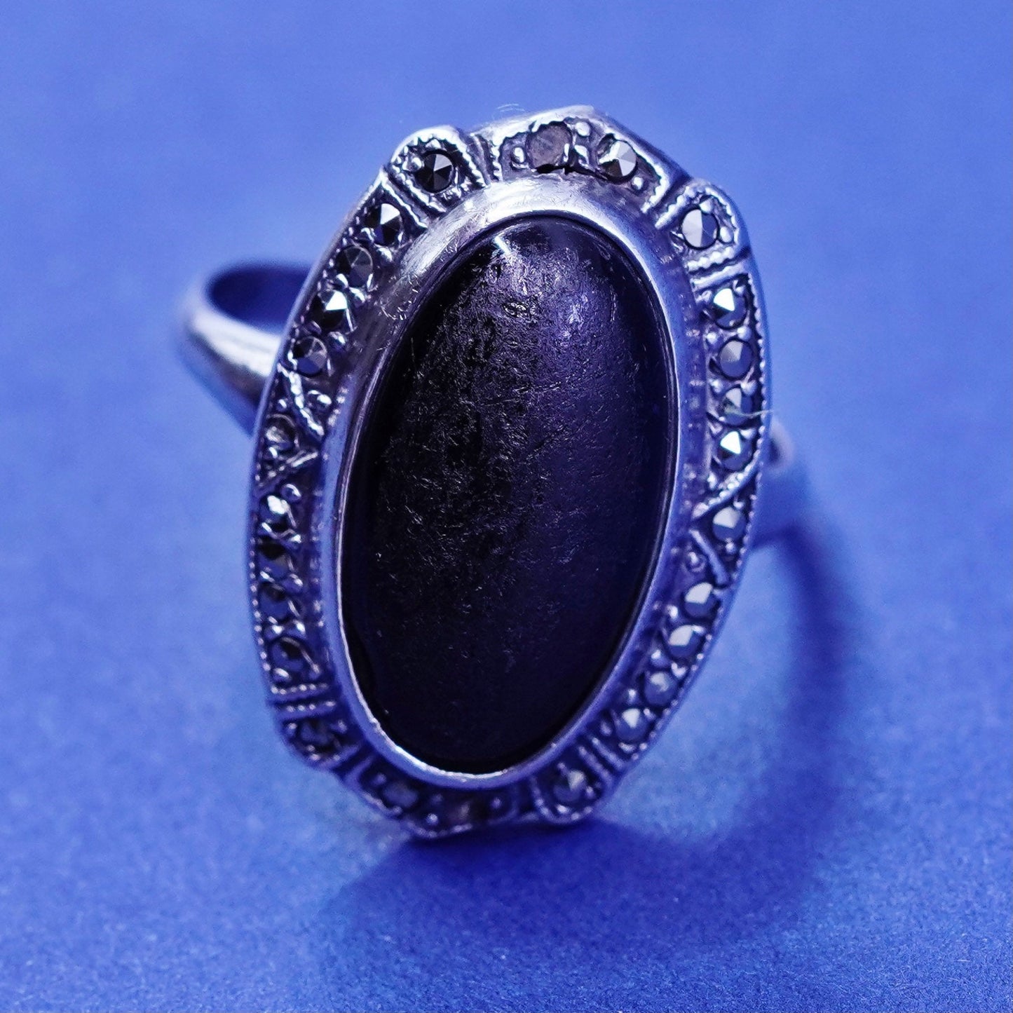 sz 8.25, vtg Sterling 925 silver handmade ring band w/ black onyx and marcasite